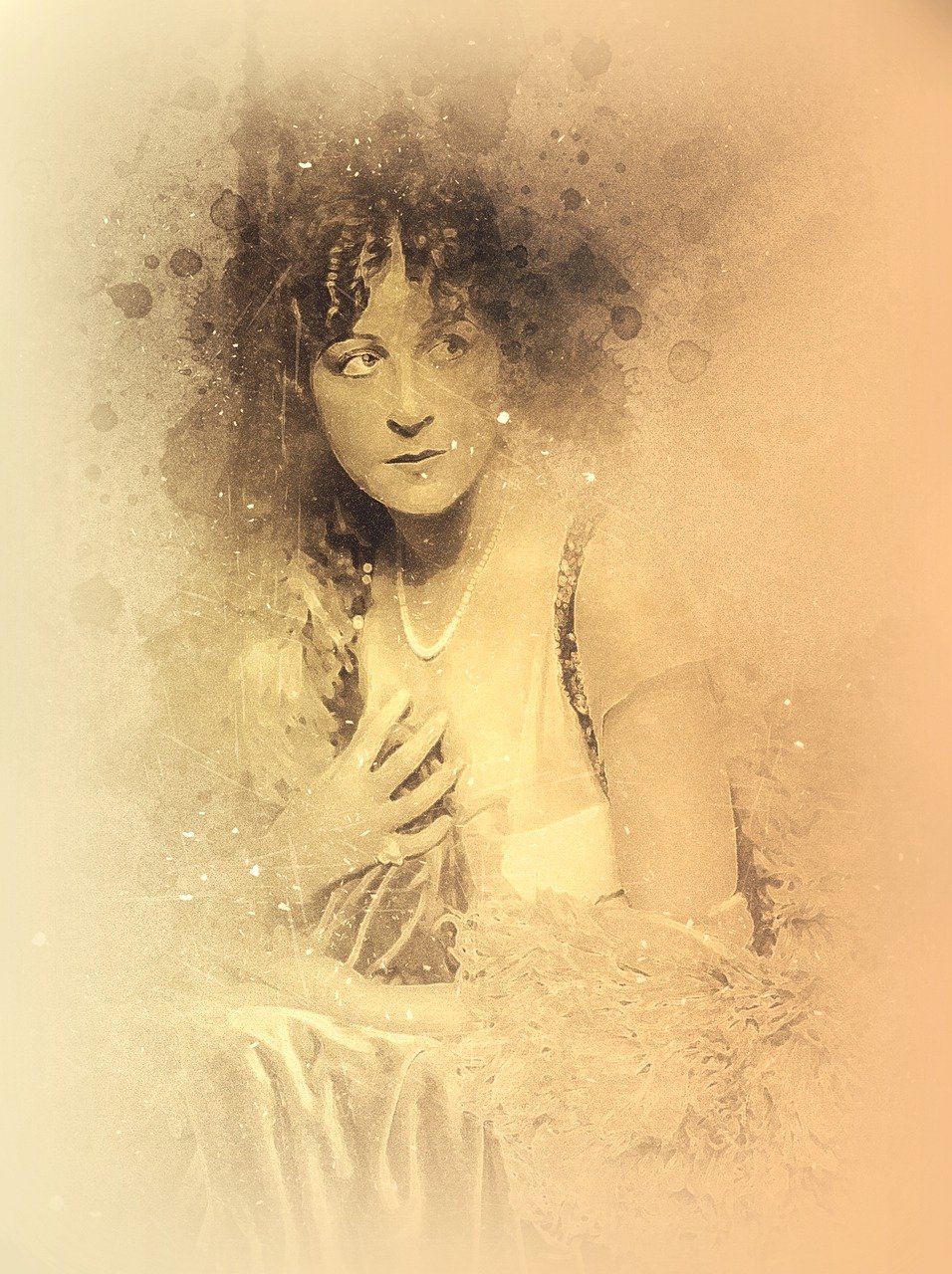 a sepia photograph of a woman with curly hair, a colorized photo, inspired by Dorothy Lockwood, trending on pixabay, art nouveau, partially covered with dust, dust mist, stippled, in the 1 9 2 2 film