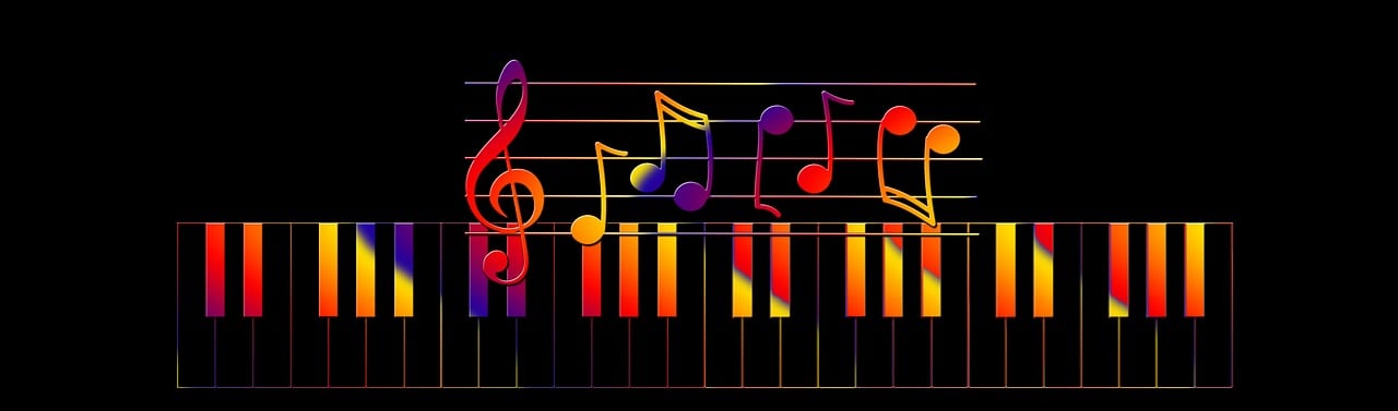 a piano keyboard with musical notes on it, by Meredith Dillman, trending on pixabay, computer art, brightly coloured, bright glowing instruments, sing for the laughter, xylophone