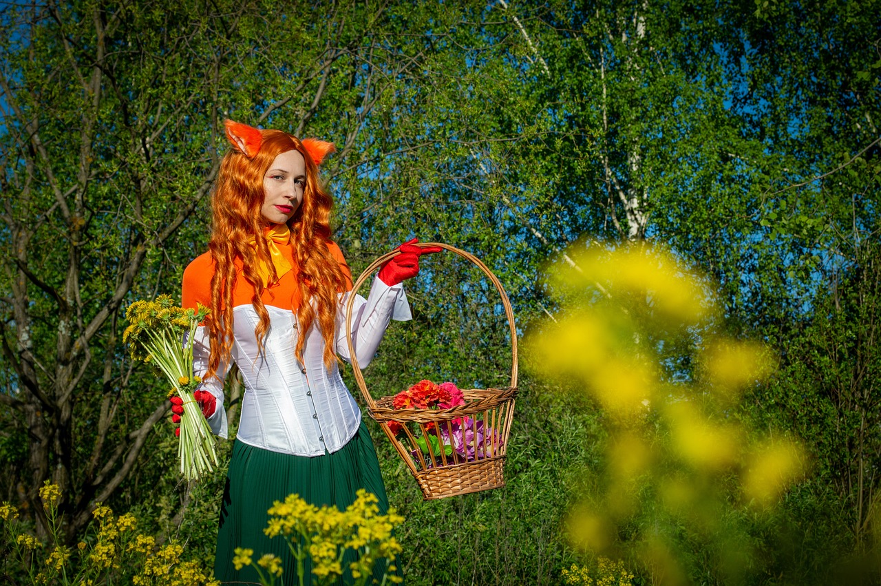 a woman with red hair holding a basket of flowers, by Ivan Grohar, flickr, furry art, full-cosplay, perfect spring day with, orange cat, hisoka from hunter × hunter