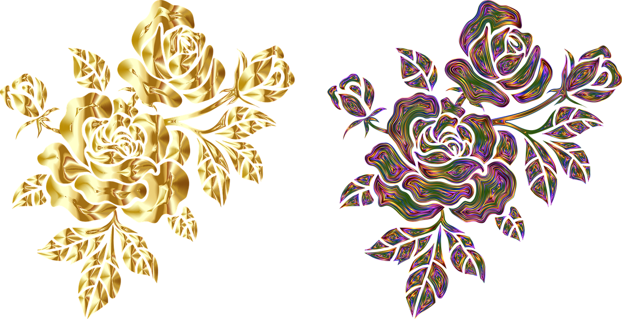 a gold rose on a black background and a gold rose on a black background, a raytraced image, generative art, bismuth rainbow metal, floral embroidery, laser cut textures, glsl - shaders