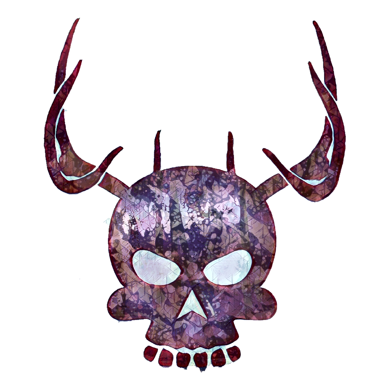 a skull with horns and a bow tie, concept art, by Daphne Allen, metal art, deep bleeding decaying colors!, logo art, horned helmet