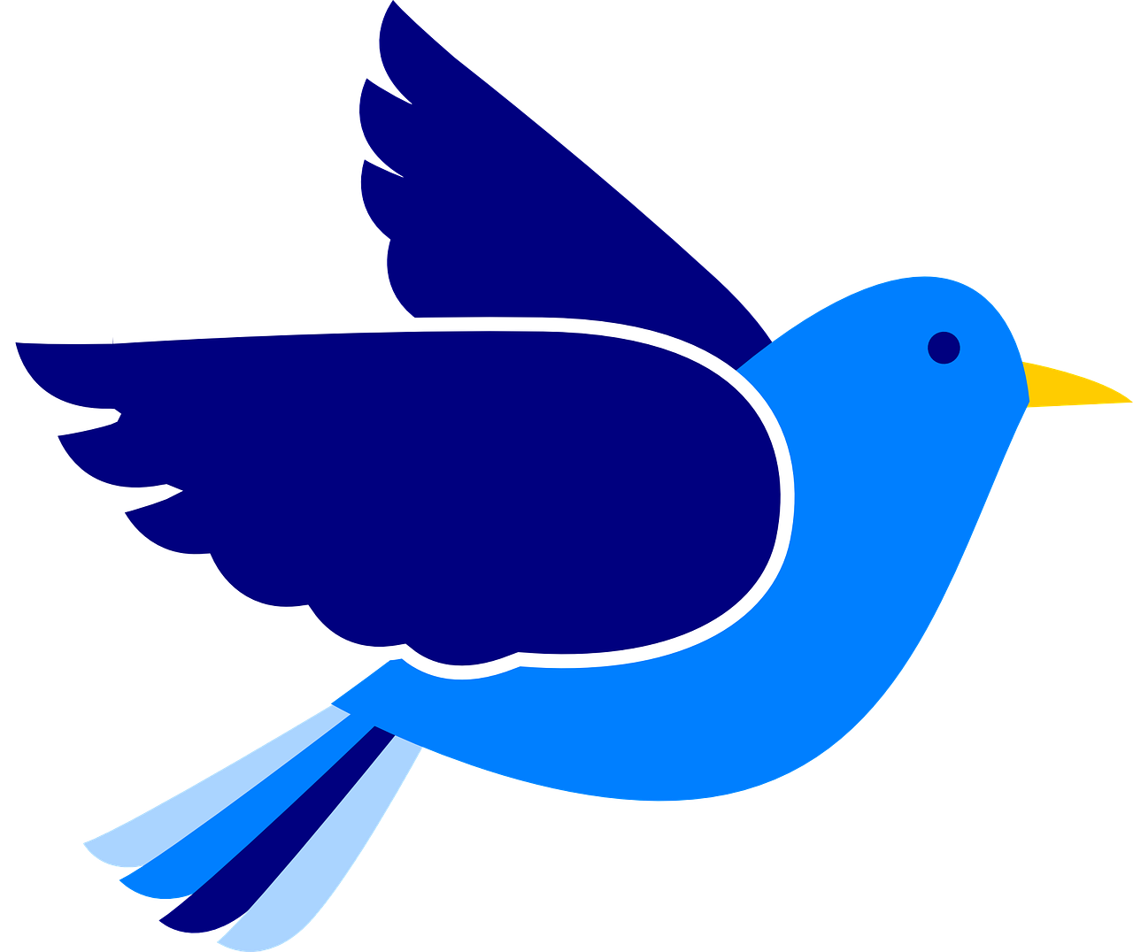 a blue bird with a yellow beak flying, an illustration of, inspired by Paul Bird, pixabay, !!! very coherent!!! vector art, 7 0 s photo, computer generated, with a black background