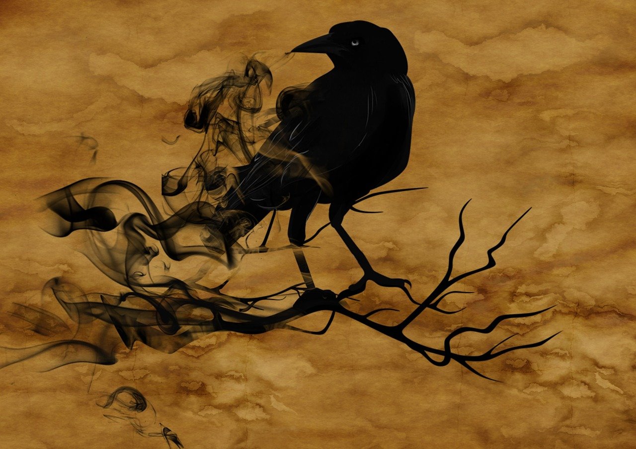 a black bird sitting on top of a tree branch, inspired by Gonzalo Endara Crow, gothic art, with dark ghost smokes around, muted brown yellow and blacks, mobile wallpaper, archan nair