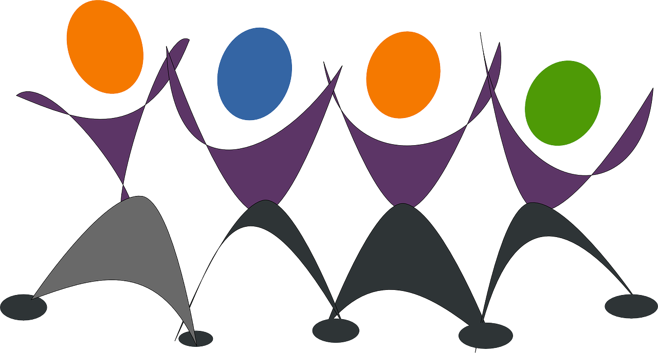 a group of people with their arms in the air, a cartoon, by Alison Watt, trending on pixabay, some orange and purple, two people, abstract logo, choir