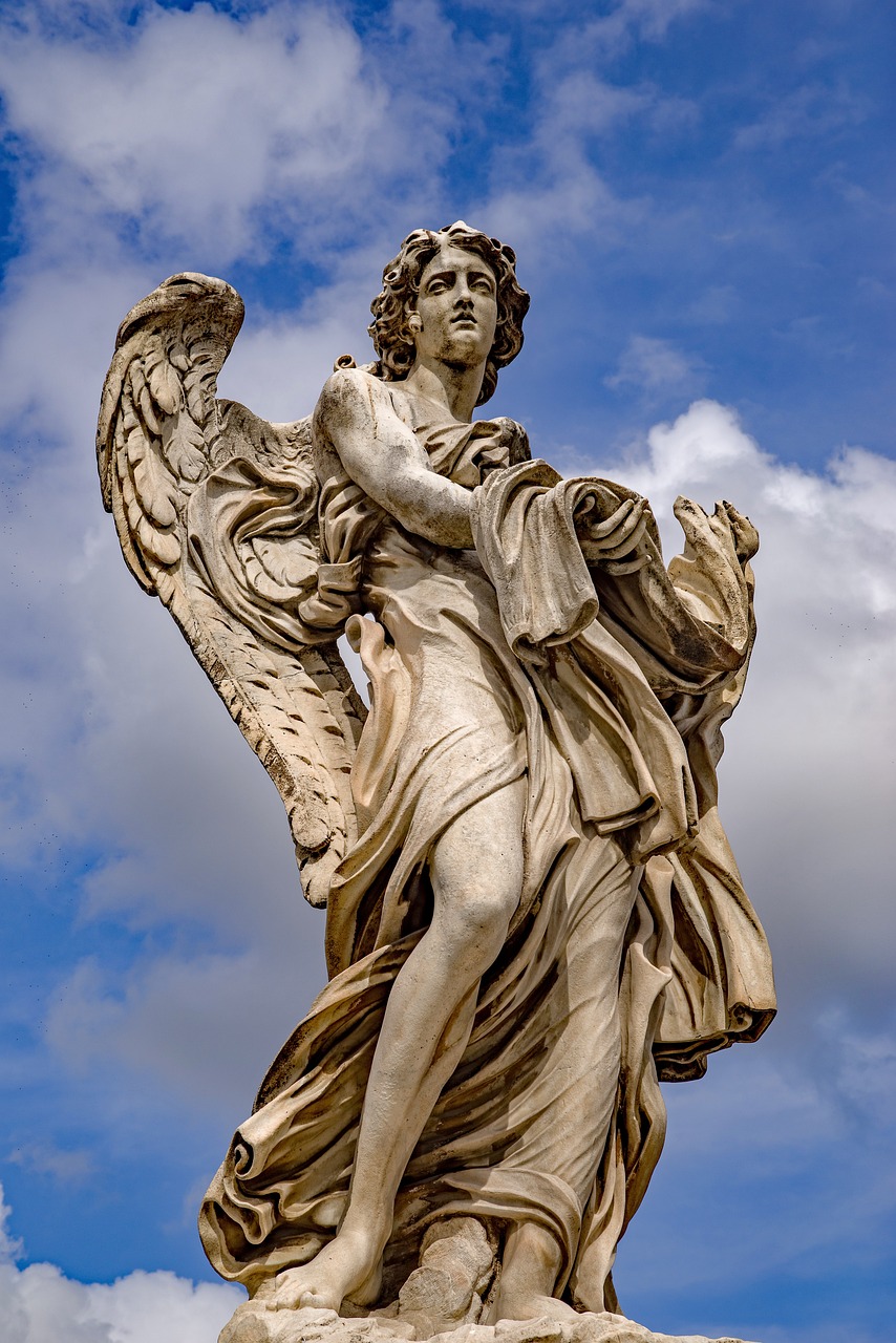 a statue of an angel on top of a building, inspired by Gian Lorenzo Bernini, baroque, front view dramatic, sandro bottecelli, guardian of the holy lake, roma