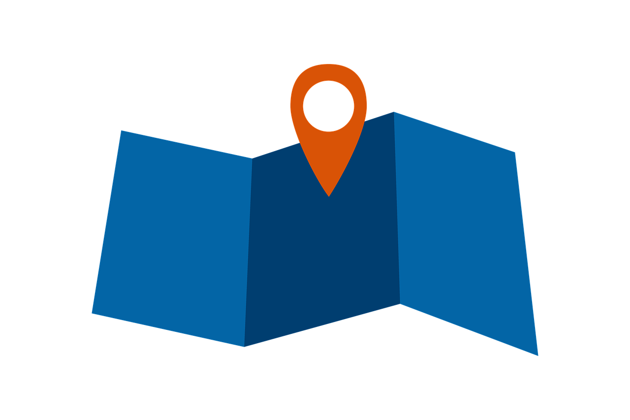 a map with a pin in the middle of it, dark blue + dark orange, pictogram, viewed from a distance, commercially ready