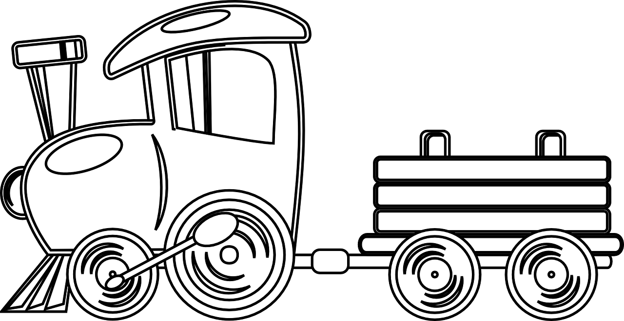 a black and white drawing of a train, vector art, by Jim Davis, trending on pixabay, graffiti, toys, on black background, mine cart, white