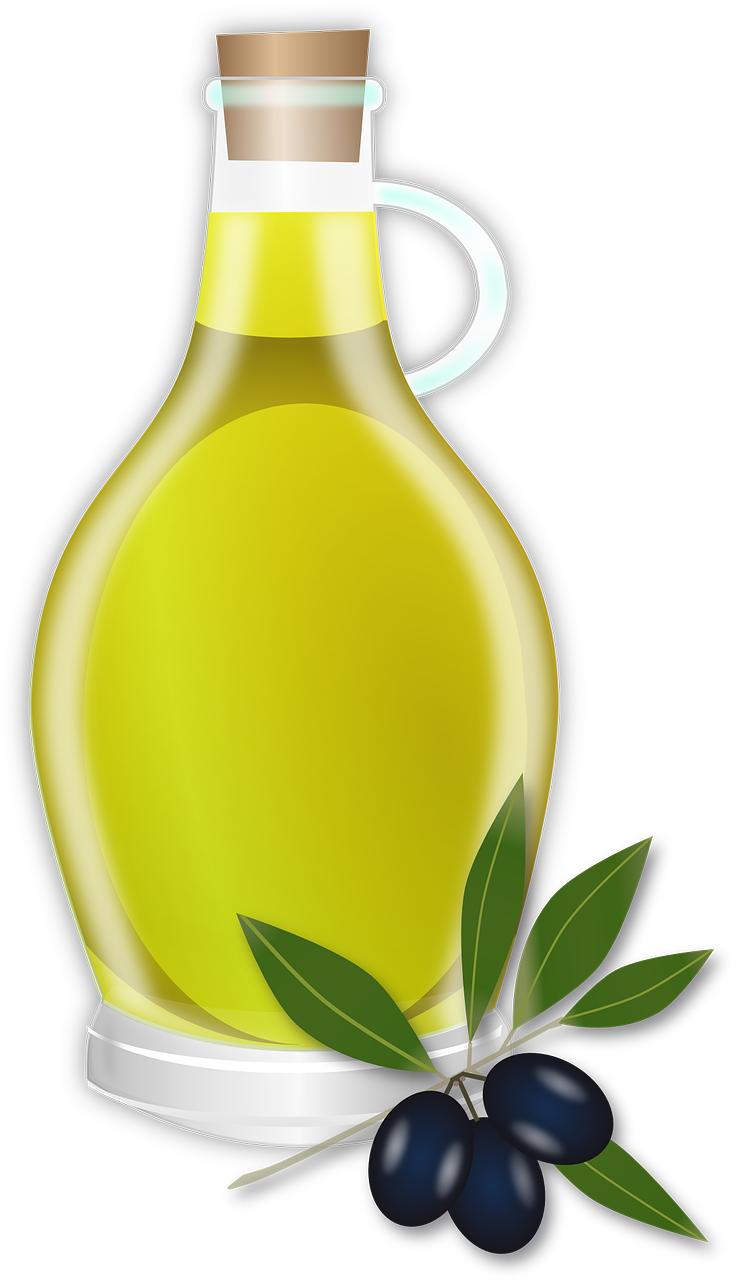 a bottle of olive oil with a sprig of olives, a digital rendering, pixabay, renaissance, yellow and olive color scheme, basil leaves instead of leaves, clean long lines, flattened