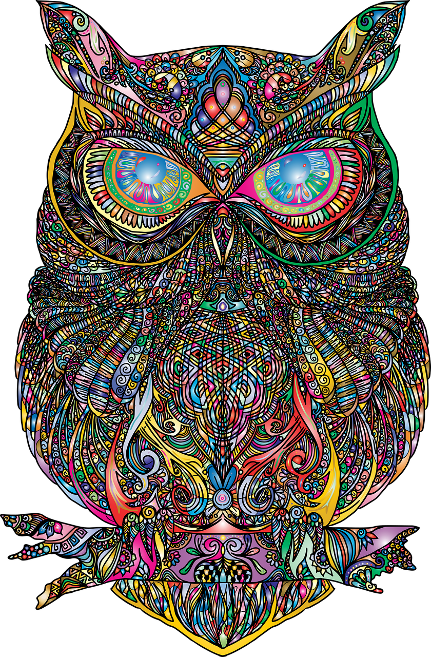 a drawing of an owl on a black background, by Tomek Setowski, psychedelic art, amoled, oz, full color, magic eye