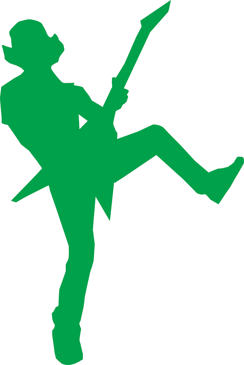 a silhouette of a man playing a guitar, inspired by Masamitsu Ōta, green power ranger, kicking, green hat, no outline