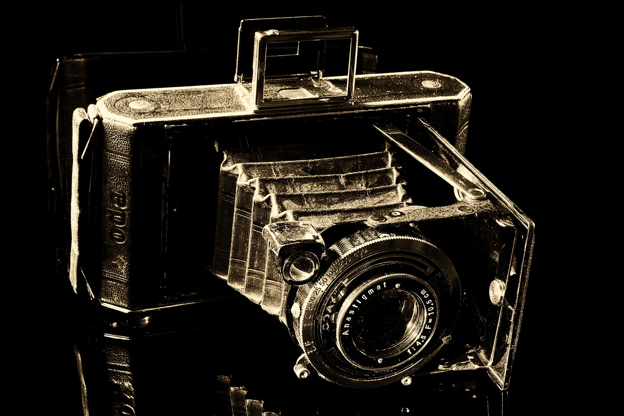 a black and white photo of an old camera, a picture, inspired by Germaine Krull, flickr contest winner, liquid gold, folded, duotone!, flash photo