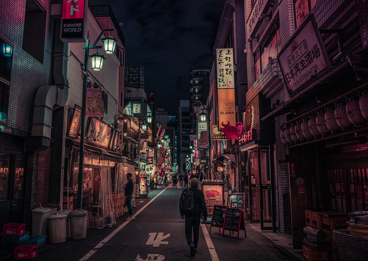 a person walking down a street at night, a picture, by Kamagurka, japanese street, beautiful city of the future, beautiful random images, nostalgic atmosphere