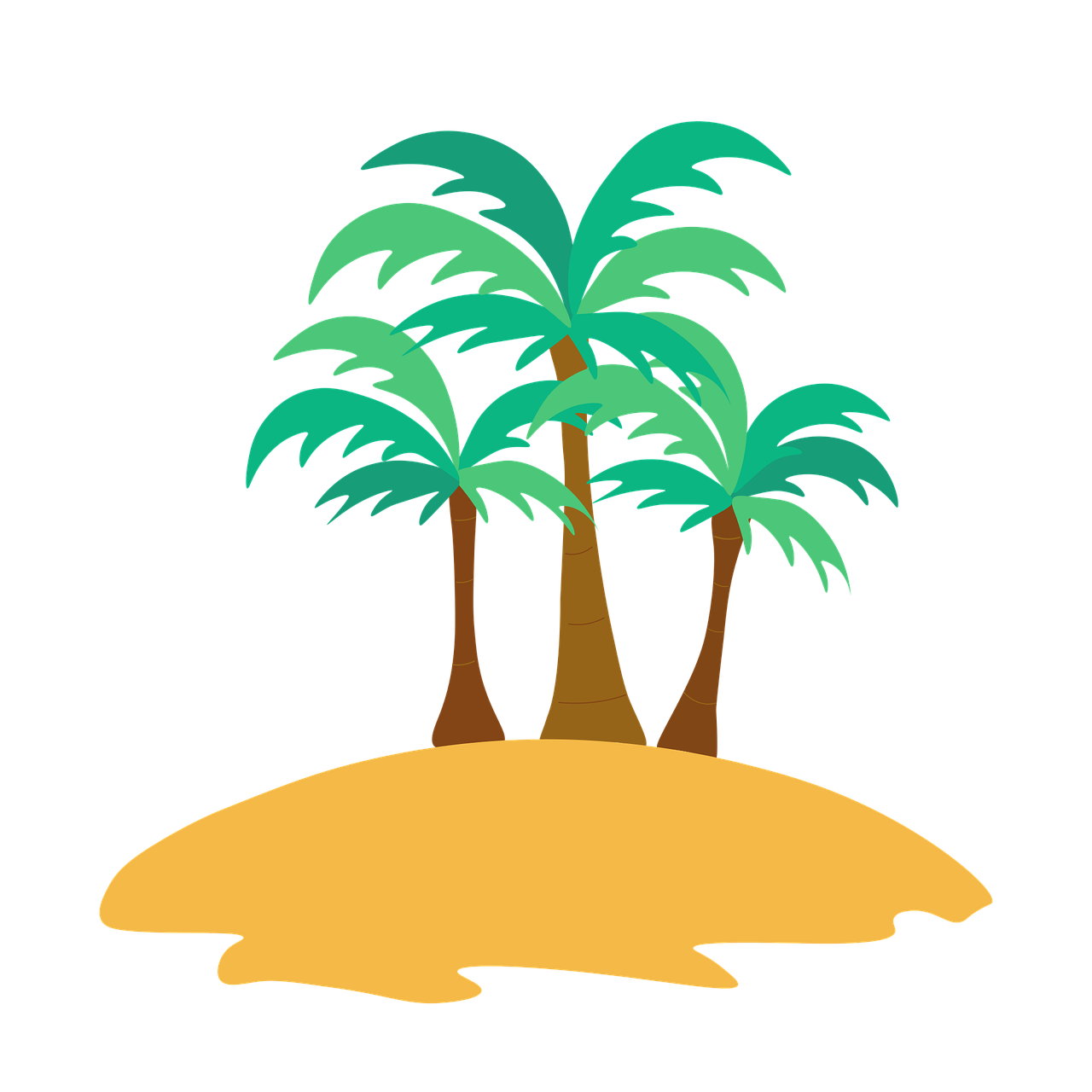 a small island with three palm trees on it, black backround. inkscape, tans, jungle, sand