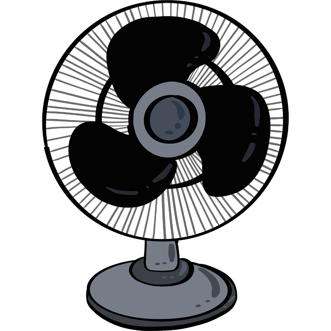 a black and white image of a fan, an illustration of, conceptual art, on a flat color black background, cartoon style illustration, dimly lit room, desk fan