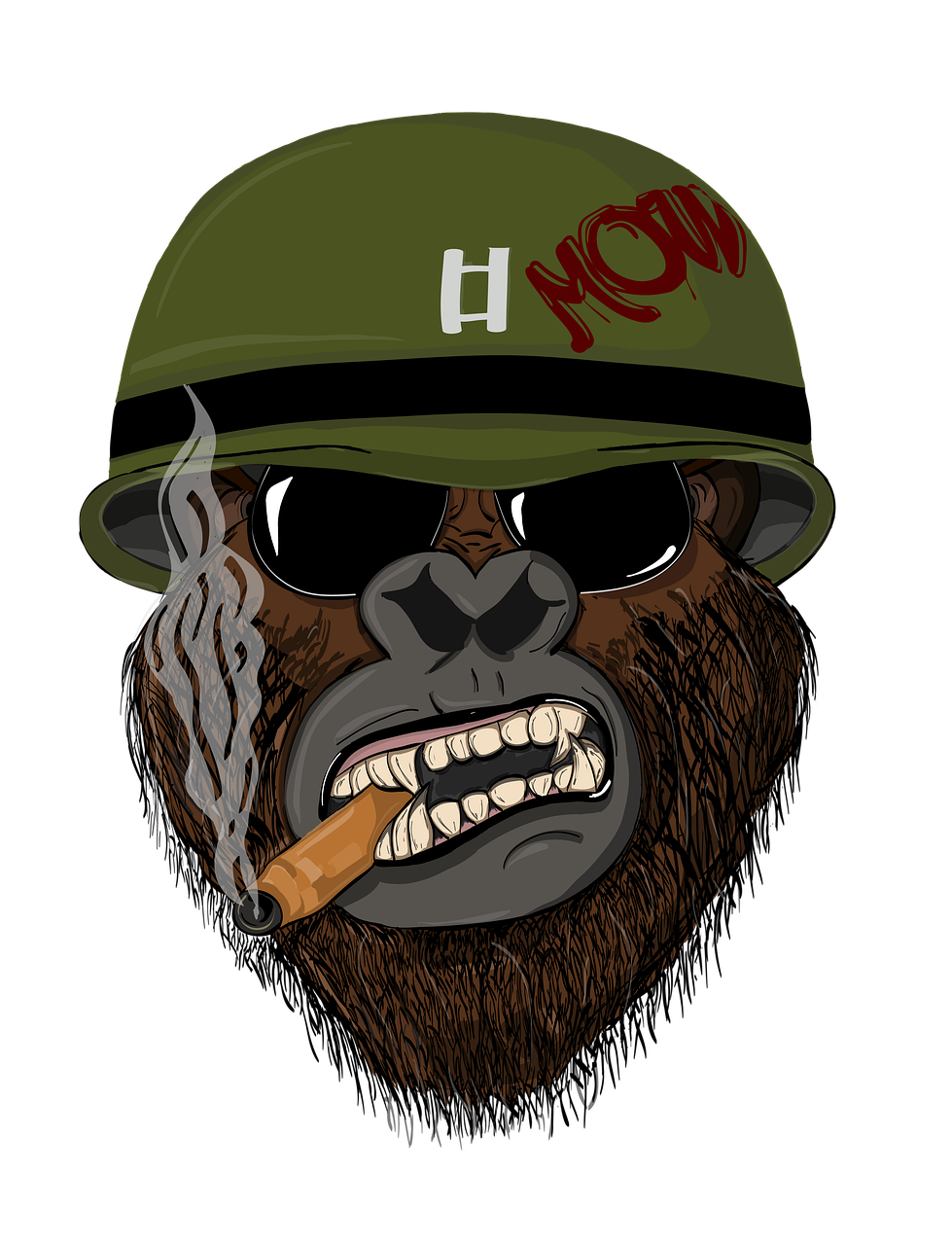 a gorilla wearing a helmet smoking a cigarette, concept art, military insignia, very humorous illustration, hiphop, h r
