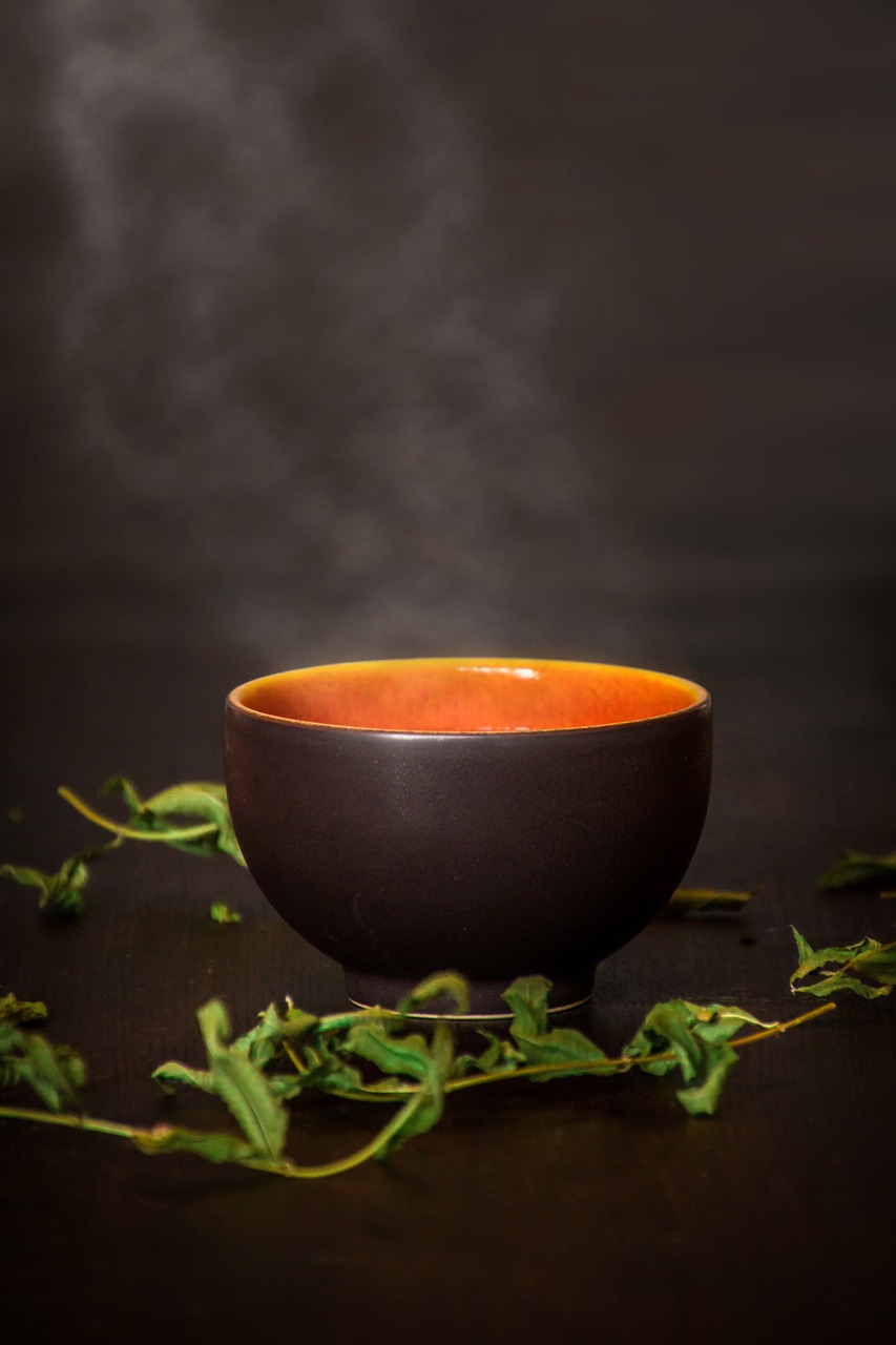 a close up of a bowl of soup on a table, a stock photo, by Yi Jaegwan, minimalism, smoke and orange volumetric fog, lacquerware, mint leaves, 8 0 mm photo