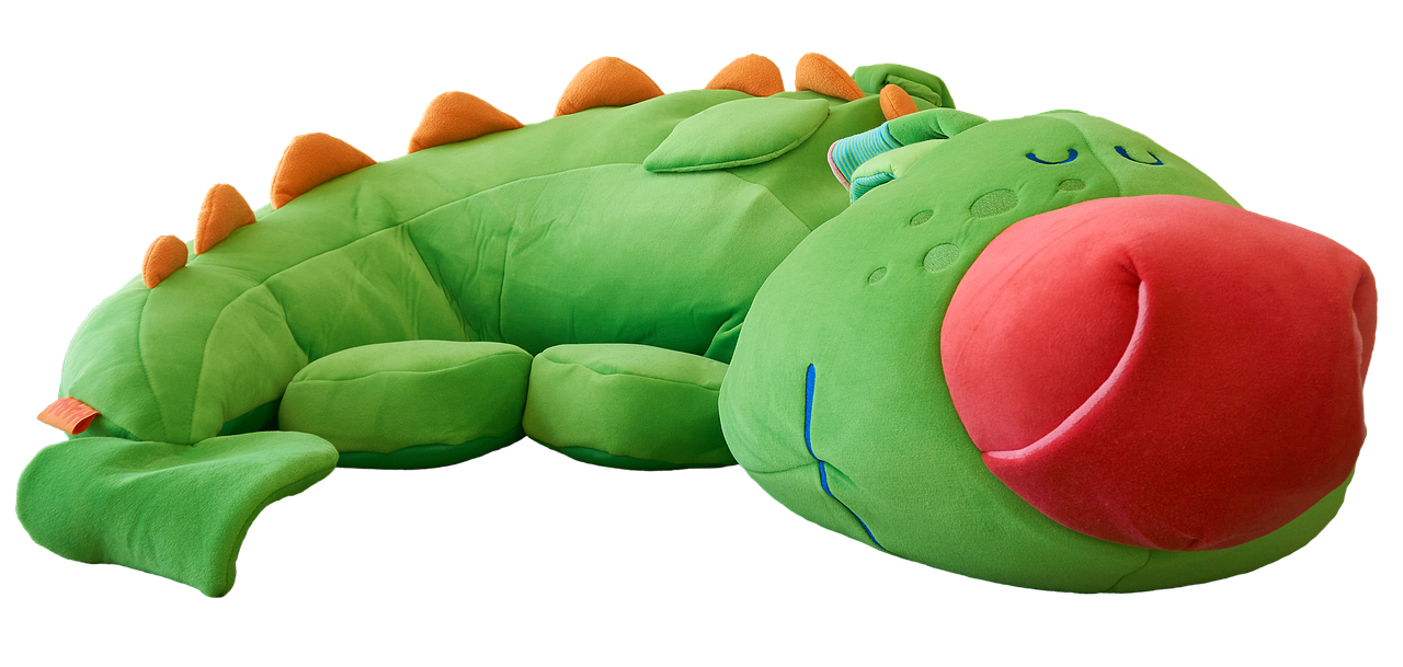 a stuffed animal that is green and red