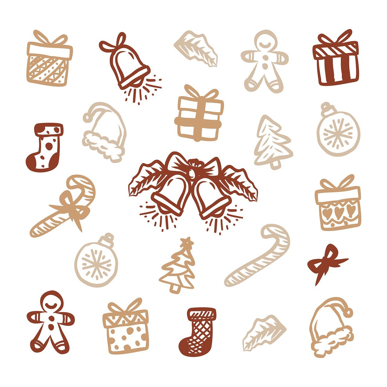 a set of hand drawn christmas icons on a white background, worm brown theme, navel, clipart icon, monochrome color