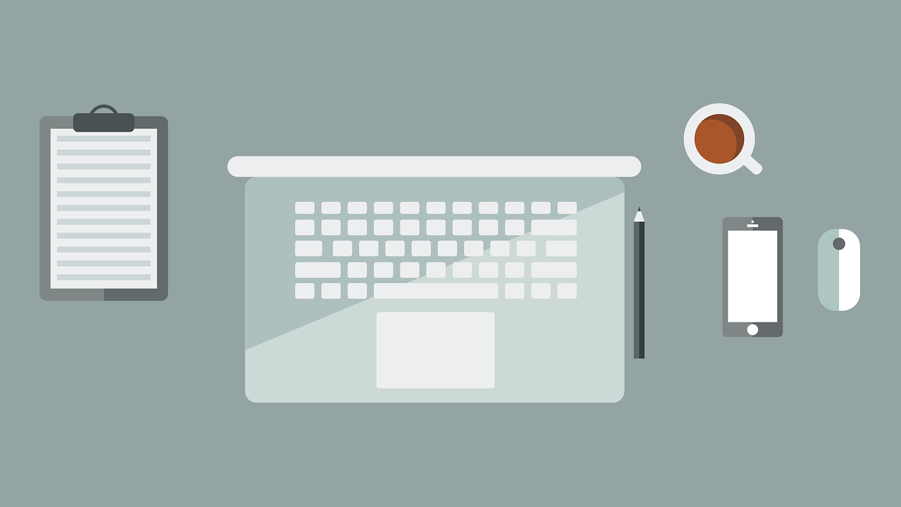 a laptop computer sitting on top of a desk next to a cup of coffee, shutterstock, computer art, flat colors and strokes, flat grey background, banner, serene illustration