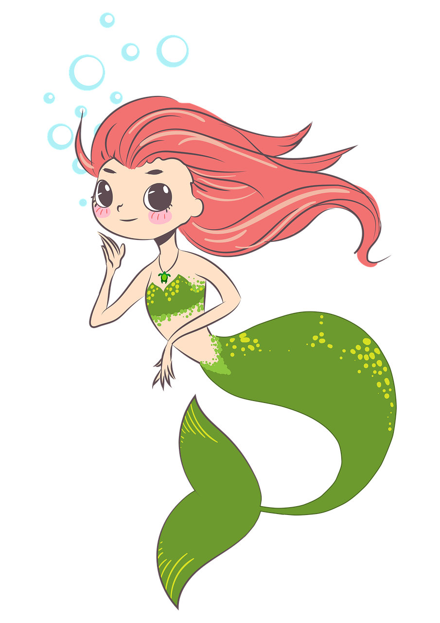 a cartoon mermaid with pink hair blowing bubbles, by Ella Guru, deviantart contest winner, with a black background, with red hair and green eyes, simple cartoon style, wikihow illustration