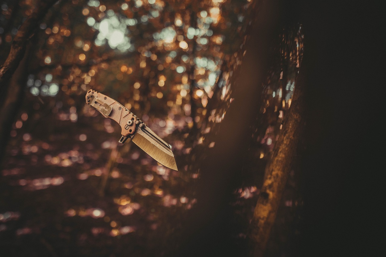 a person holding a knife in the woods, by Elsa Bleda, unsplash, flying leaves on backround, tactical knife, 8 k hd wallpaperjpeg artifact, right - side composition