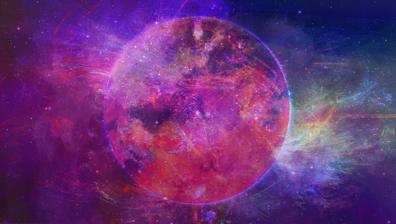 an image of a planet in outer space, digital art, by Daniel Chodowiecki, purple and scarlet colours, channeling mystical energy, 1024x1024, background is heavenly