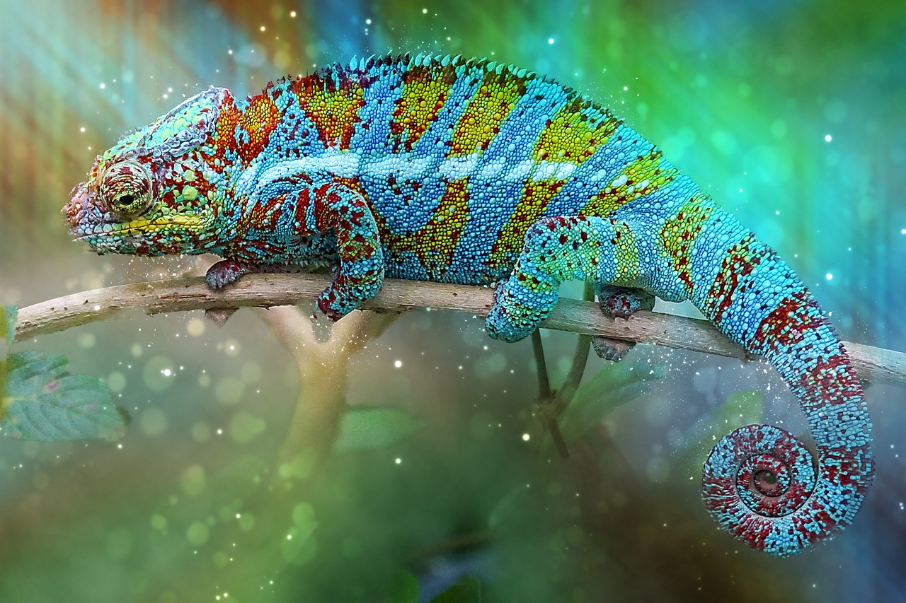 a colorful chamelon sitting on top of a tree branch, by Adam Marczyński, trending on pixabay, digital art, chameleon, beautiful art uhd 4 k, a hookah smoking caterpillar, encrusted with jewels