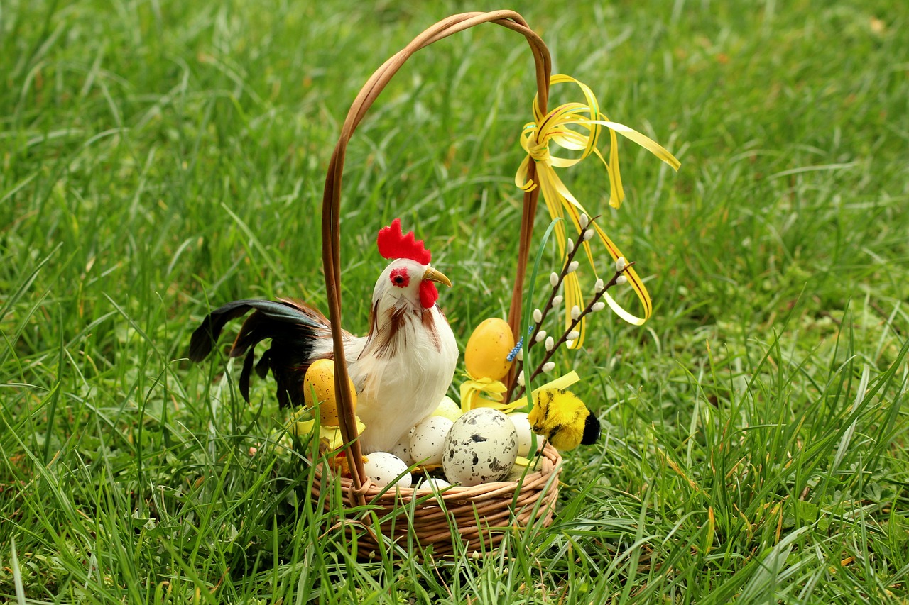 a basket filled with eggs sitting on top of a lush green field, a photo, toy photo, rooster, very beautiful photo, decorated