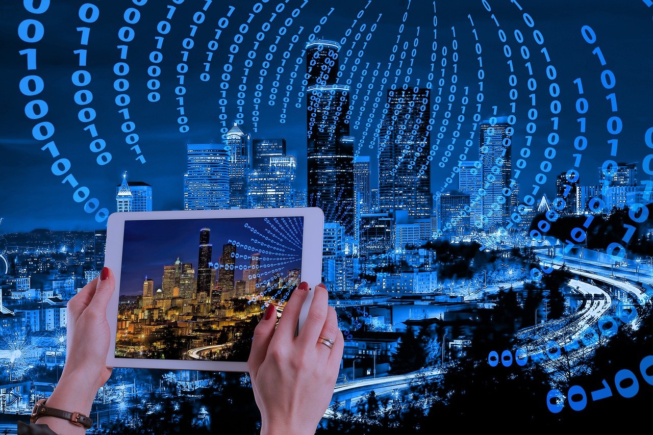 a person holding a tablet with a city in the background, by Judith Gutierrez, shutterstock, digital art, neon virtual networks, 70s photo, in front of the internet, data