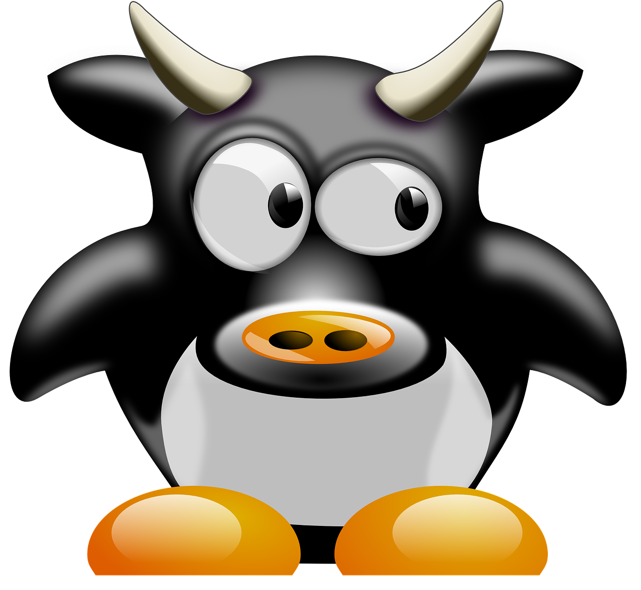 a black and white penguin with horns on its head, pixabay, digital art, campy. cow costume with udders, !!! very coherent!!! vector art, minotaur, programming