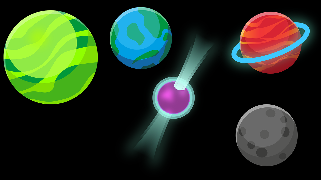 a group of different planets on a black background, deviantart, digital art, isometric game asset, purple and blue and green colors, cutie mark, neutron