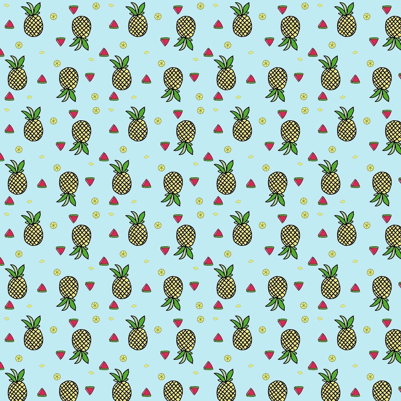 a pattern of pineapples and watermelon on a blue background, a picture, tumblr, background image, sprites, variations