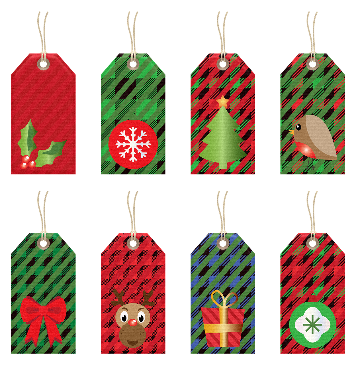 a collection of christmas gift tags on a black background, a digital rendering, pixel art, knitted mesh material, checkered pattern, listing image, high res photo