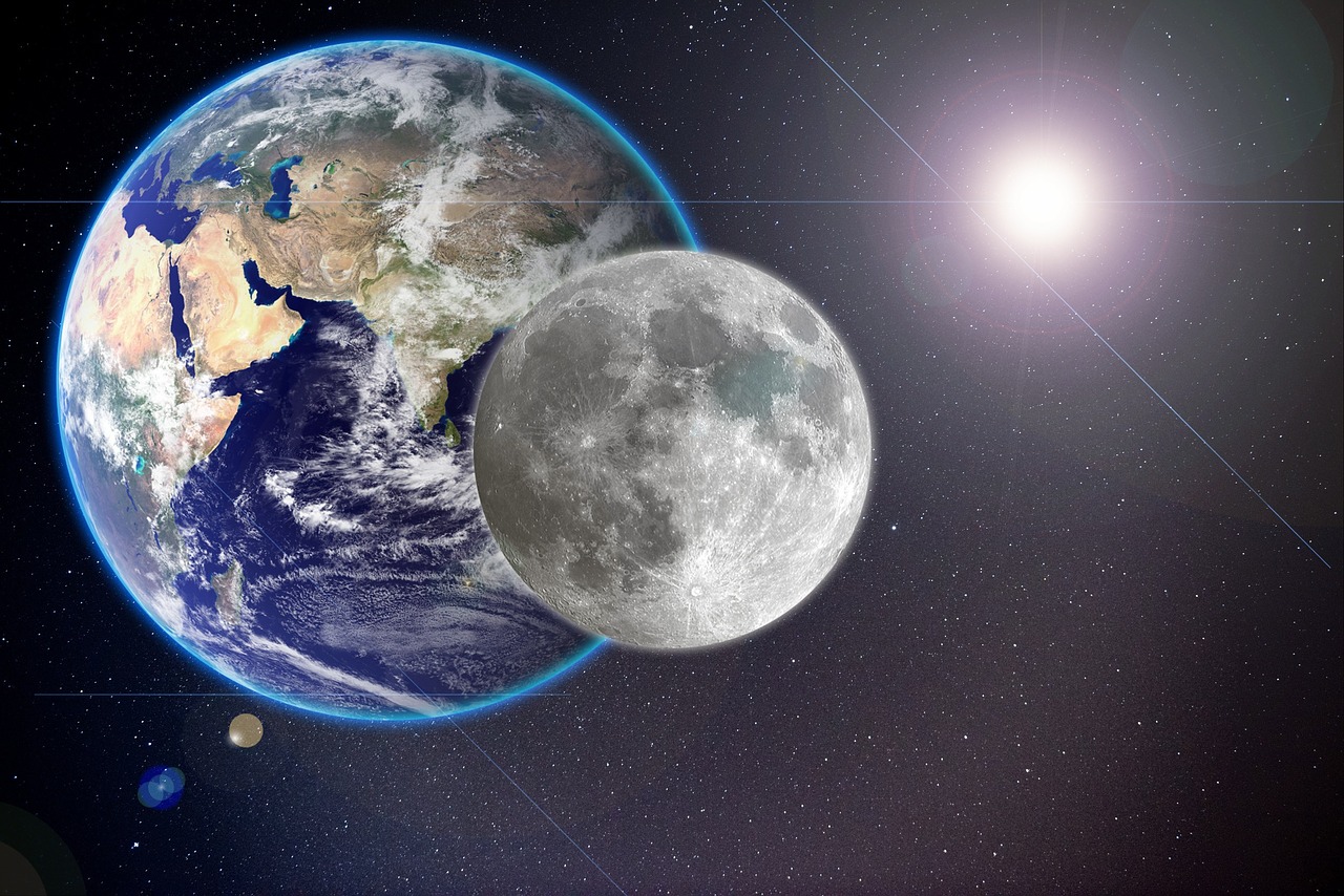 a view of the earth and moon from space, an illustration of, flickr, realism, infinite space clock background, very accurate photo, optimus sun orientation, white moon in the background