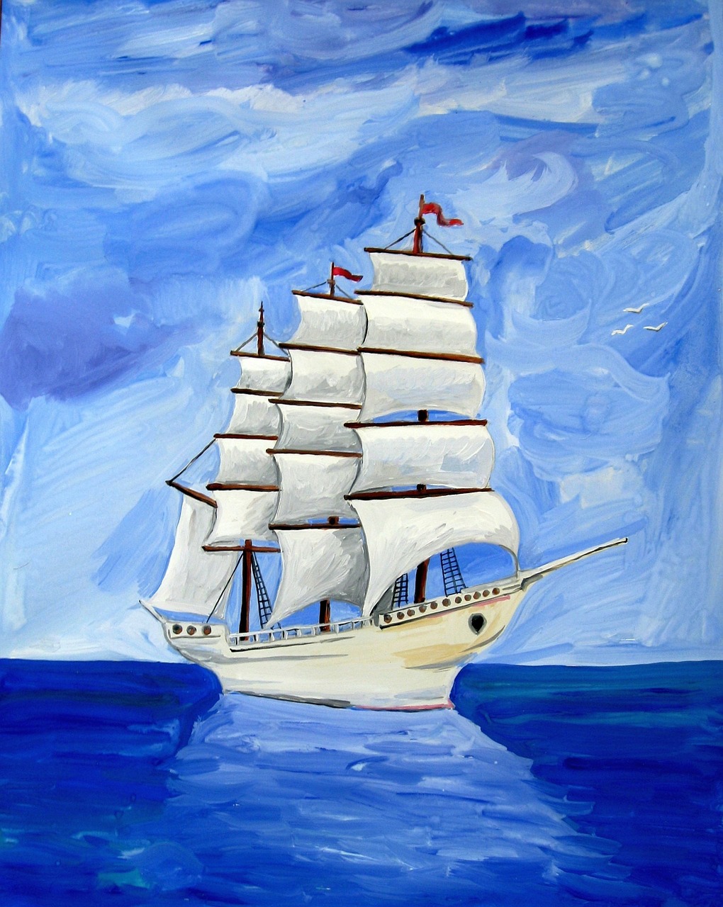 a painting of a sailing ship in the ocean, inspired by Carl Eugen Keel, flickr, naive art, in style of stanislav vovchuk, a beautiful artwork illustration, white sea cloud, painterly illustration