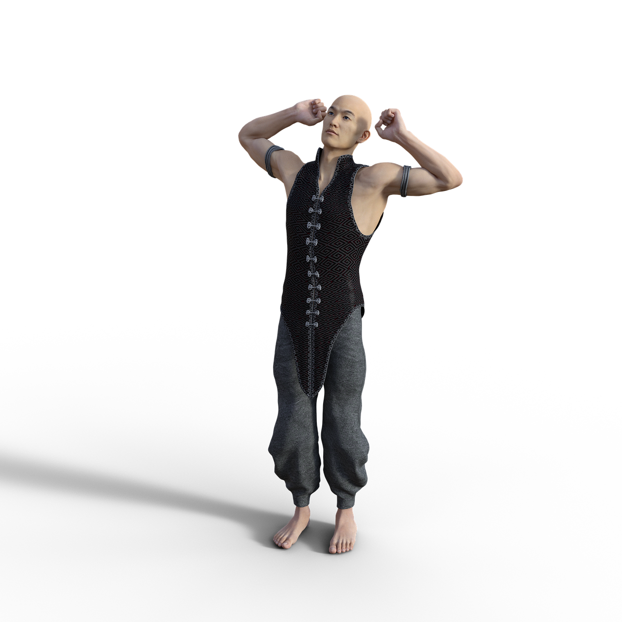 a man standing in front of a black background, a raytraced image, inspired by INO, polycount, renaissance, no shirt under the vest, dynamic pose full body, hairless, ninja outfit