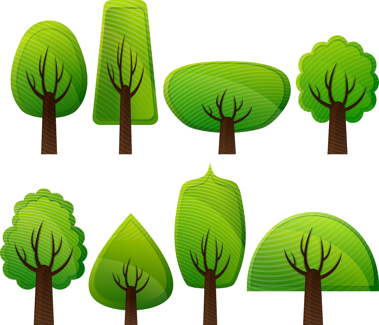 a set of green trees on a white background, an illustration of, naive art, clipart icon, ƒ/8, symmetry illustration, wooden