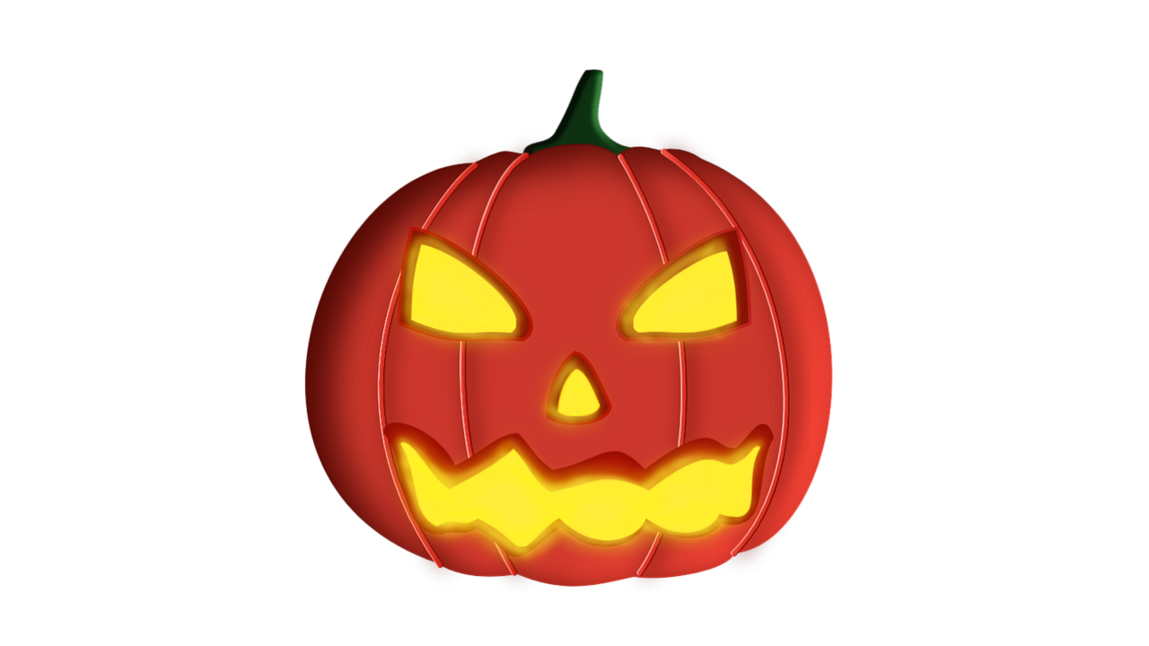 a halloween pumpkin with glowing eyes on a black background, a digital rendering, clipart, red and orange colored, screen cap, carved