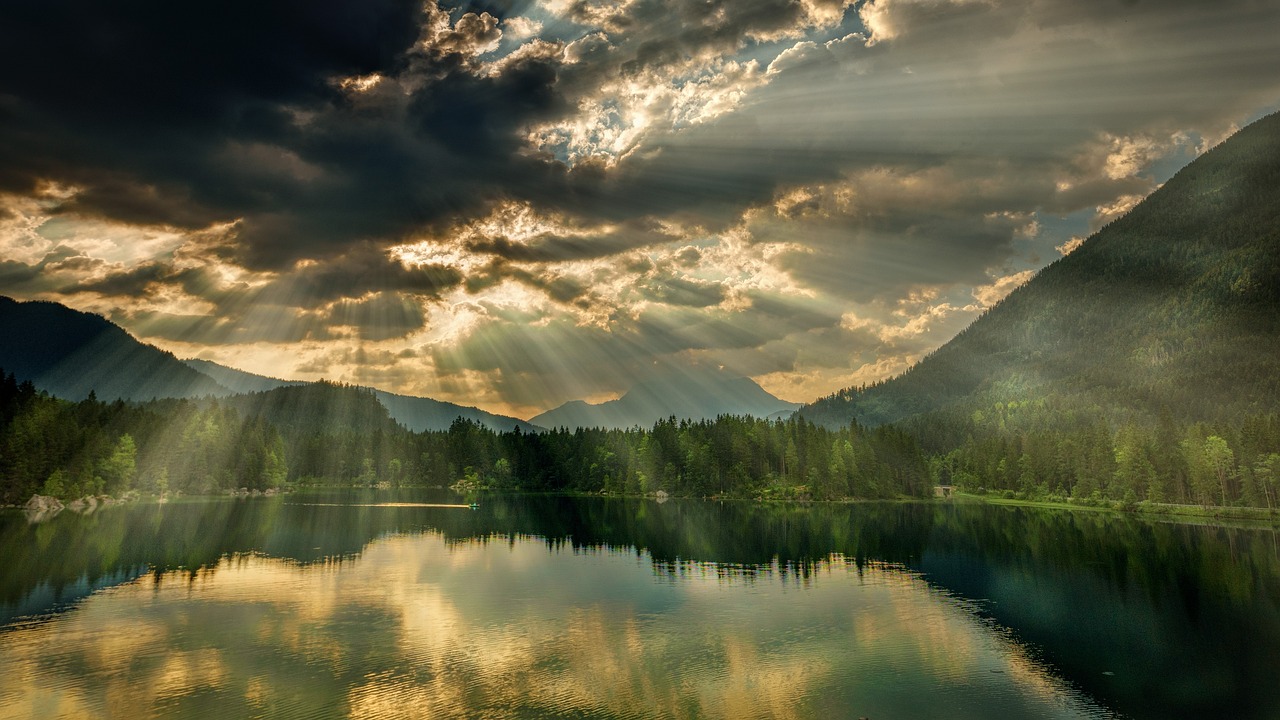 the sun shines through the clouds over a lake, a picture, by Franz Hegi, very very beautiful scenery, godly light, beautiful reflexions, rays