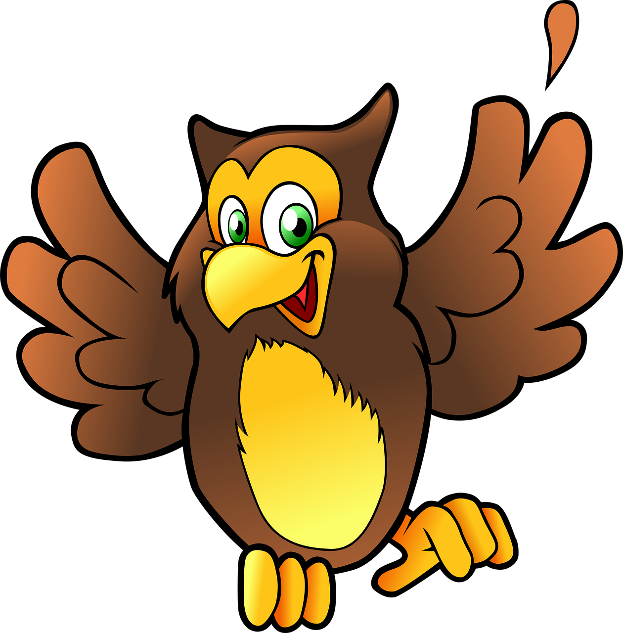 a cartoon owl with open wings on a black background, happening, !!! very coherent!!! vector art, waving and smiling, clipart, brown