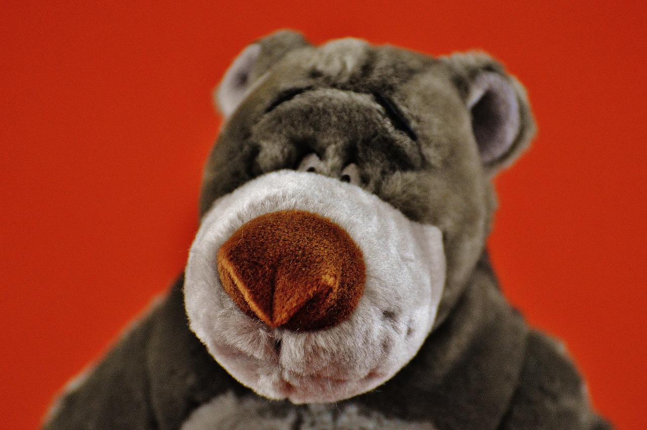 a close up of a teddy bear on a red background, inspired by Doug Ohlson, furry art, mole on cheek, fuzzy orange puppet, grey, highly detailed backmouth