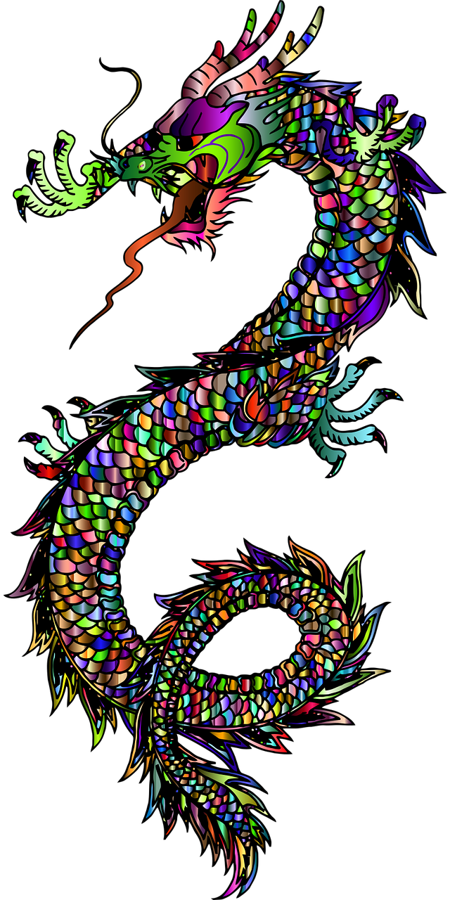 a drawing of a colorful dragon on a black background, vector art, metal dragon tail, lisa frank & sho murase, amoled, beijing