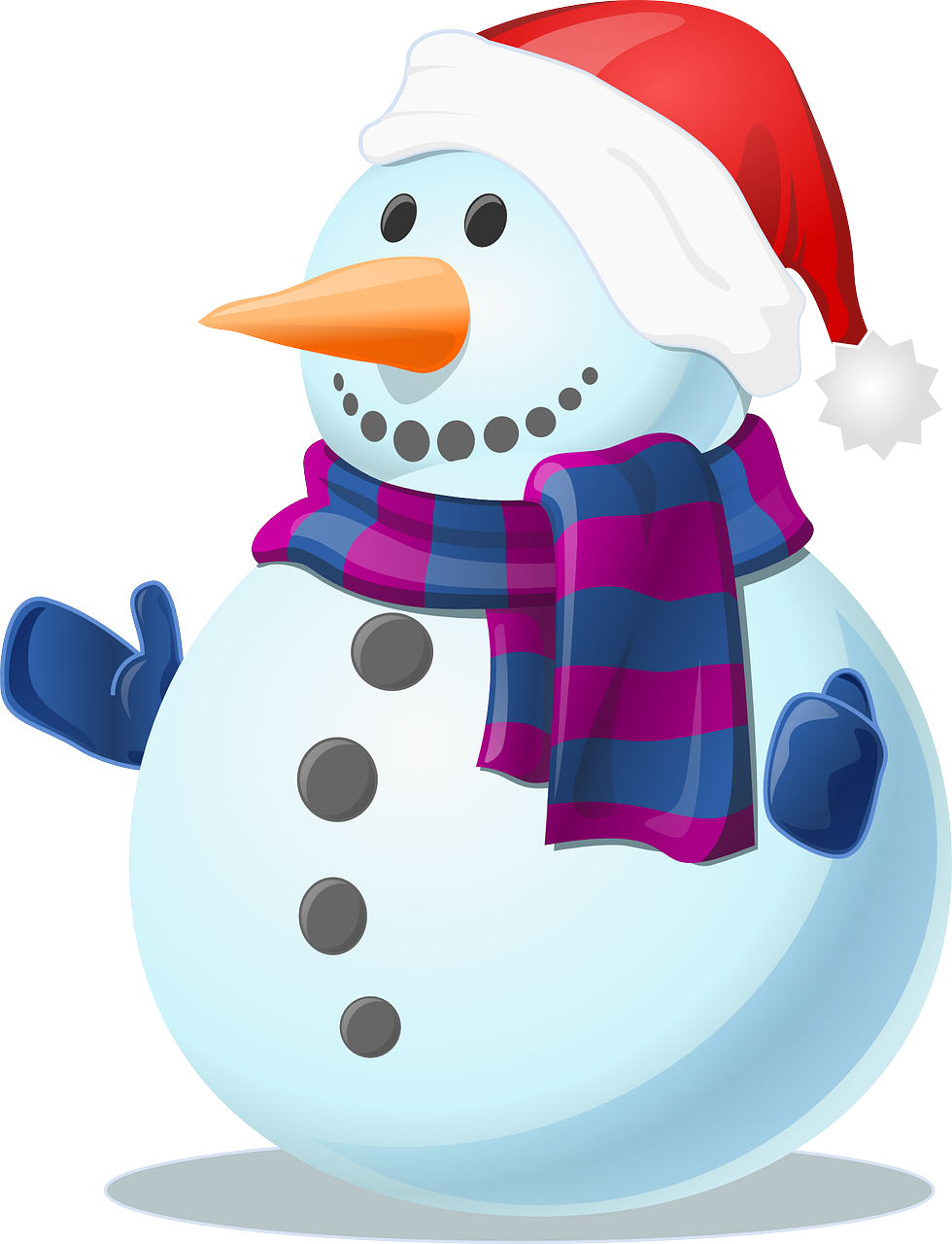 a snowman wearing a santa hat and scarf, an illustration of, shutterstock, highly detailed and colored, colorful illustration, simple illustration, three - quarter view