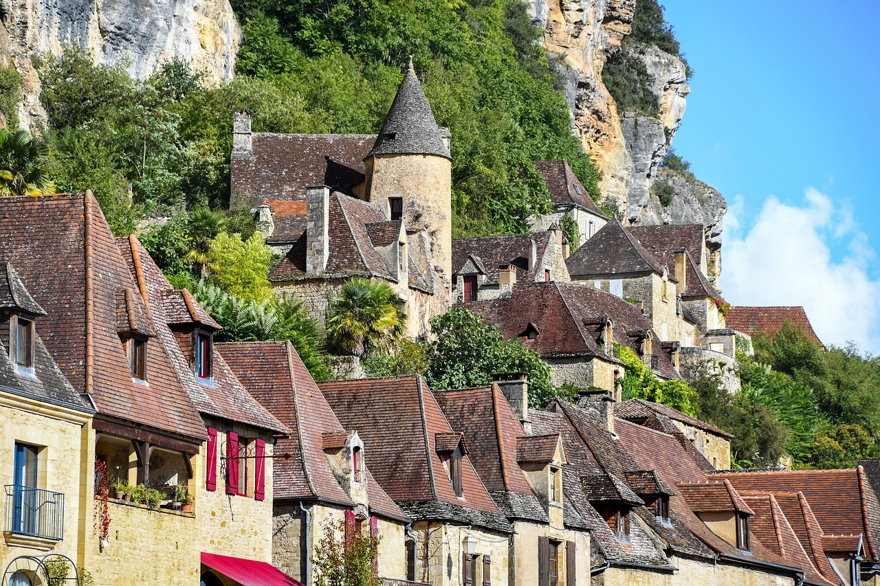 a group of buildings sitting on top of a lush green hillside, by Robert Griffier, shutterstock, renaissance, st cirq lapopie, rock roof, local close up, usa-sep 20