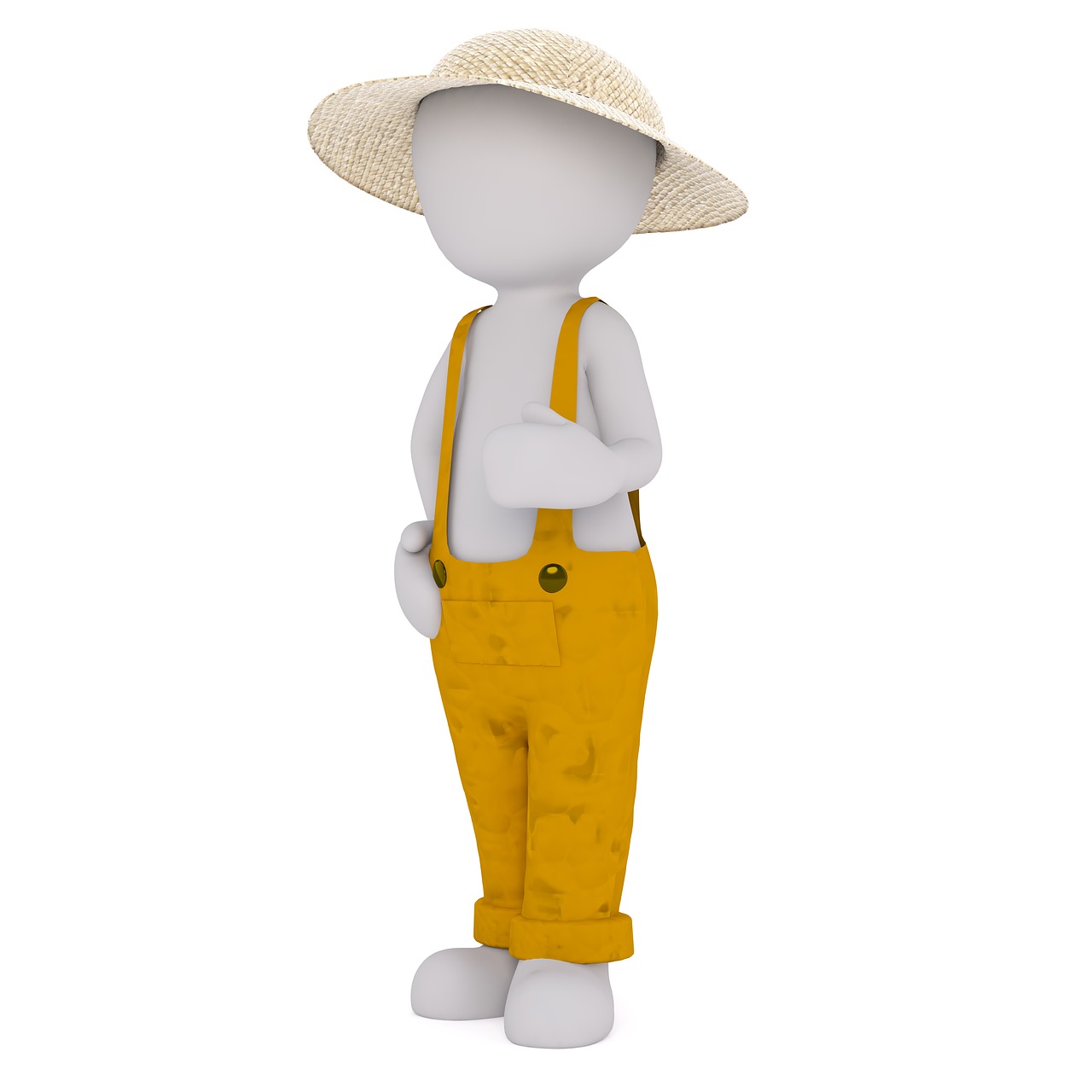 a person wearing a straw hat and yellow pants, a digital rendering, inspired by Kate Greenaway, pixabay contest winner, figuration libre, overalls and a white beard, isolated on white, little boy, 3 d image