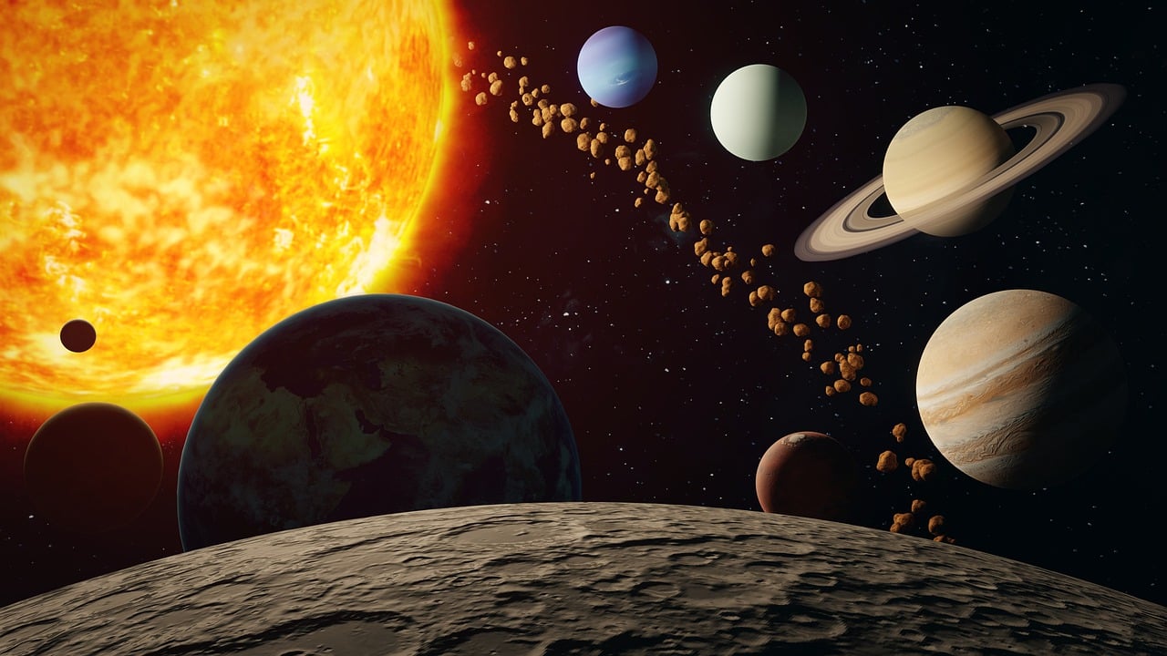 a group of planets with a sun in the background, a digital rendering, by Scott M. Fischer, pexels, footage from space camera, 🪔 🎨;🌞🌄, asteroids realistic cinematic, space molecules