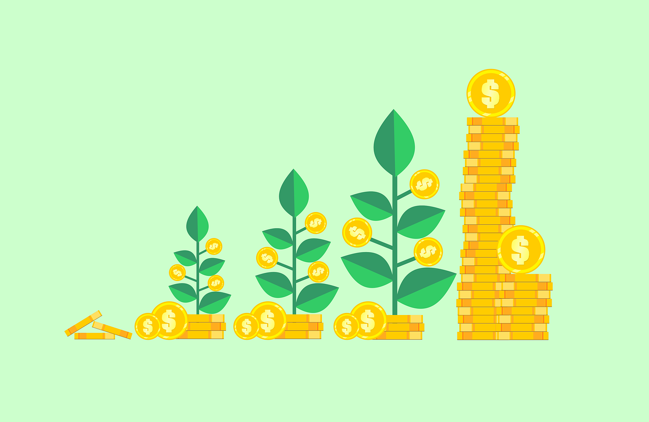 a stack of coins sitting on top of a pile of coins, a digital rendering, naive art, big leaves and stems, flat vector, green charts, background image