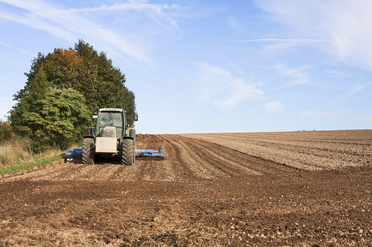a tractor in the middle of a plowed field, shutterstock, fields in foreground, autumn field, wide-screen, stock photo