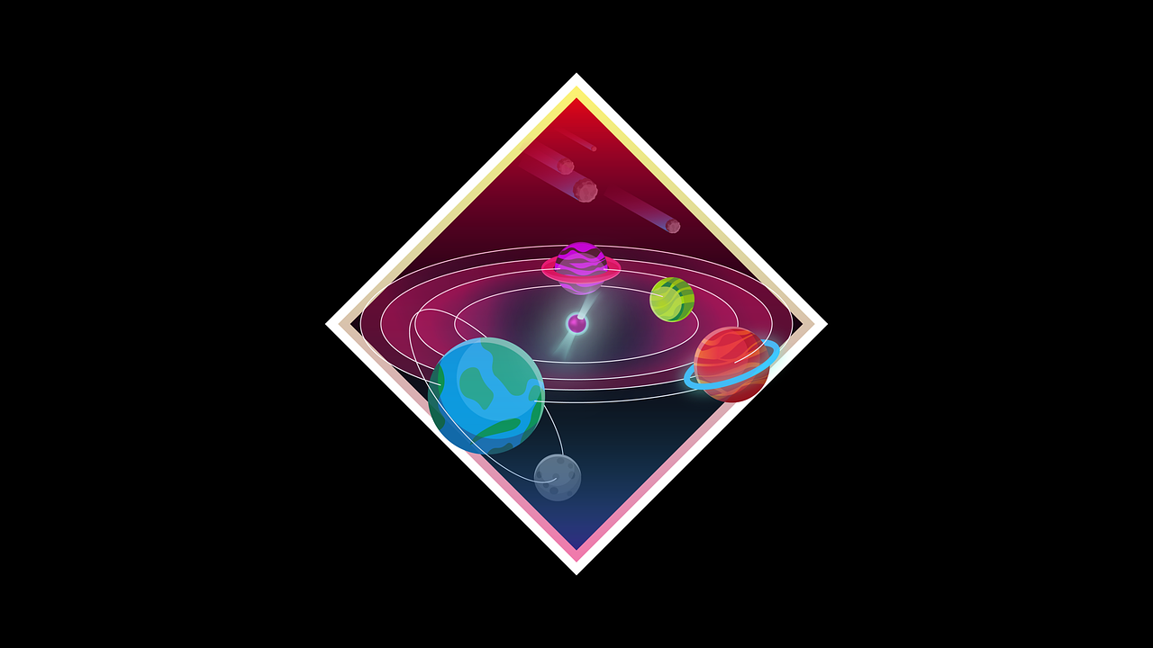 a picture of the planets in a diamond shape, an illustration of, isometric illustration, full color illustration, cosmic void background, gyroscope