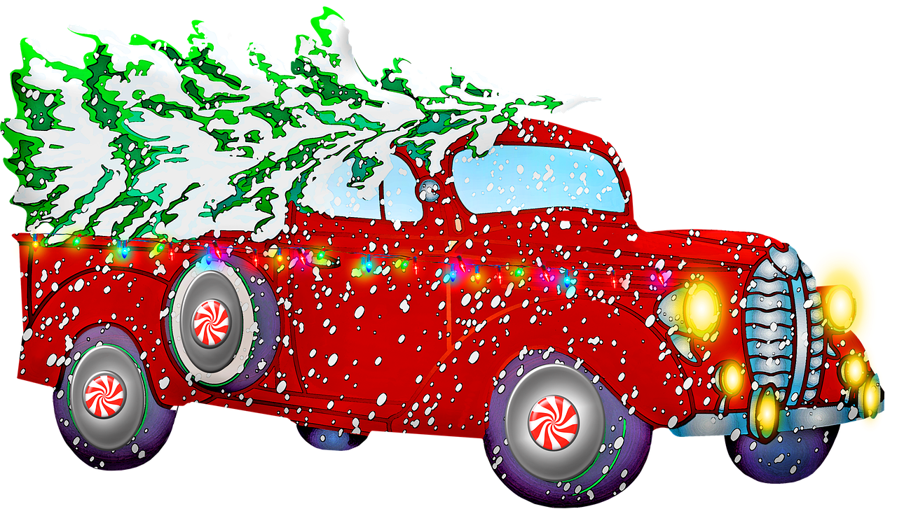 a red truck with a christmas tree in the back, by Gene Davis, digital art, full view of a car, salt, gif, various artists
